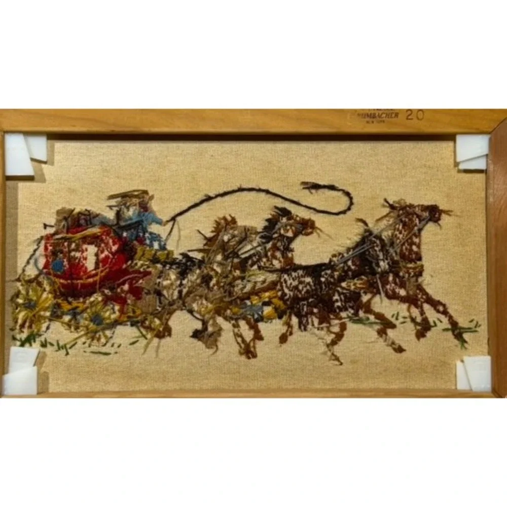Vintage Western Stagecoach Horse Needlepoint Framed Wall Art 20.5x13 Grumbacher